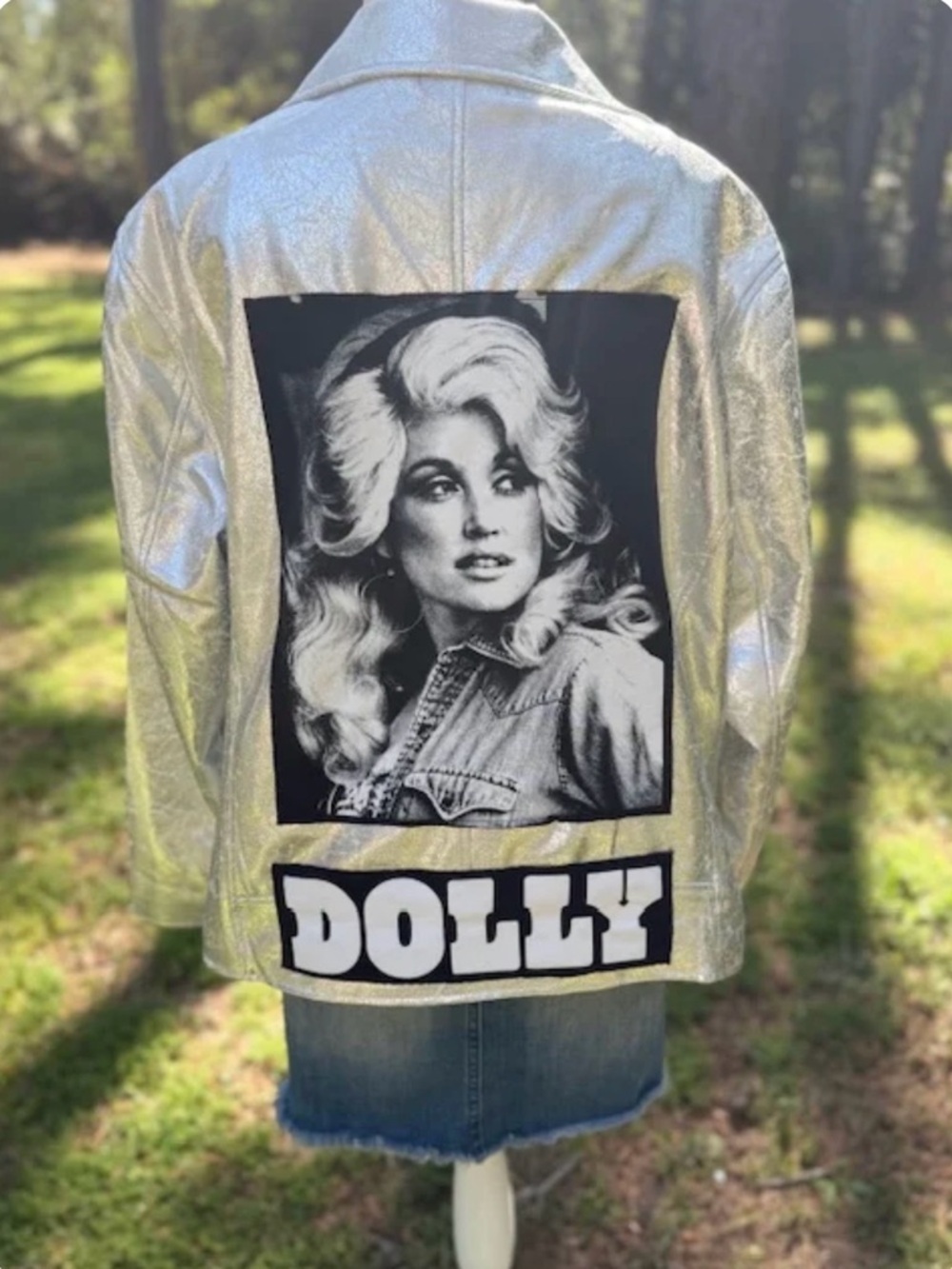 Upcycled Dolly Parton Metallic Silver Jacket with Black-and-White Dolly Graphic